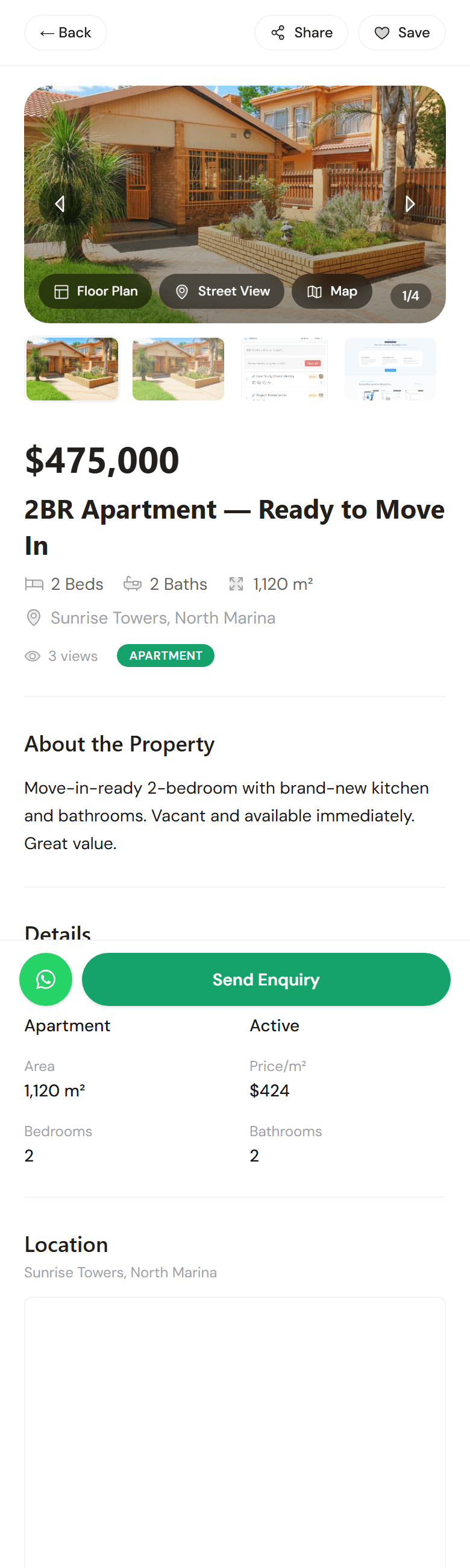 A real public listing page — photos, price, and details, linked directly from the agent's profile