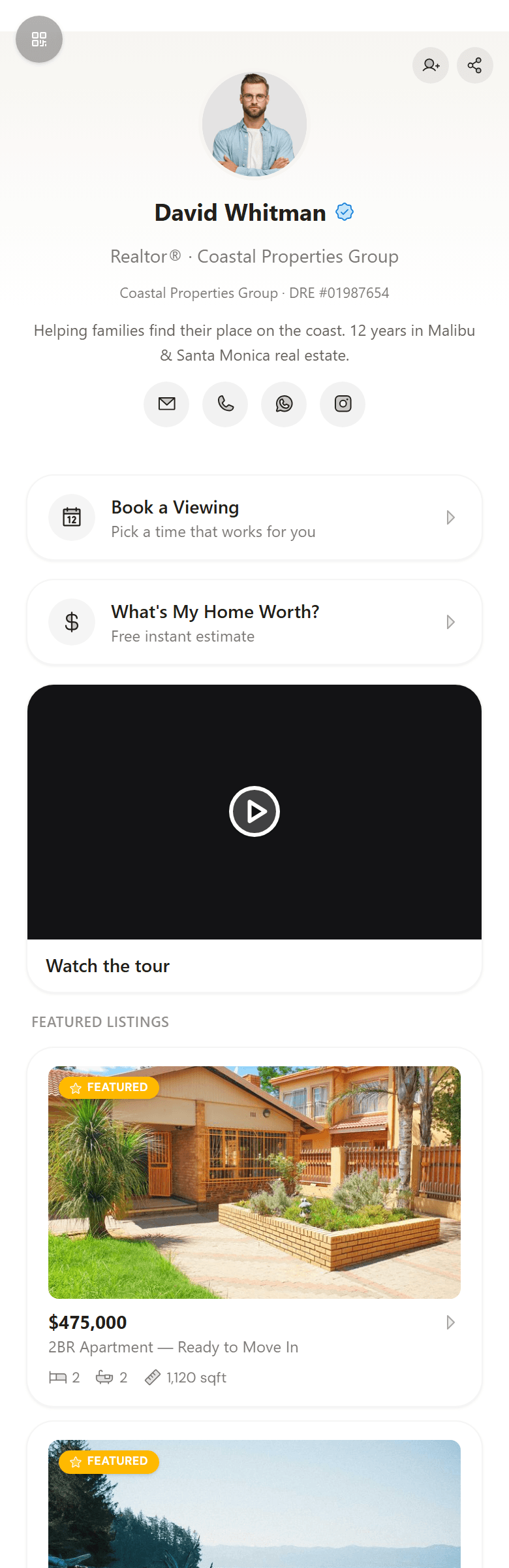 A real Estaty public agent profile — the page a buyer lands on from the link in your Instagram bio